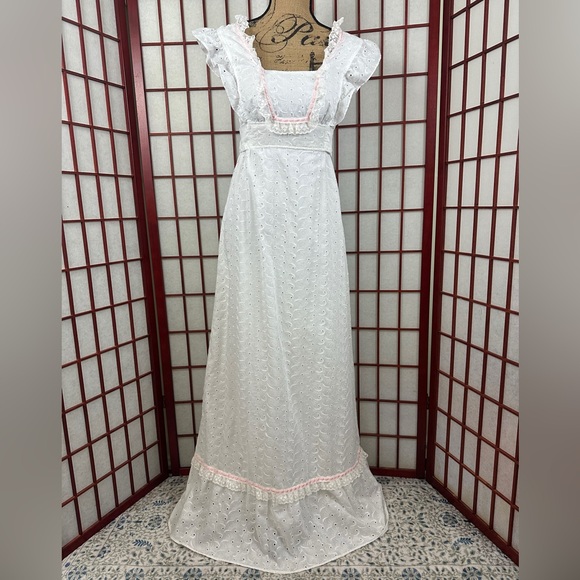 Vintage Roberta of California White Prairie Apron Eyelet Coquette Maxi Dress - Picture 1 of 10